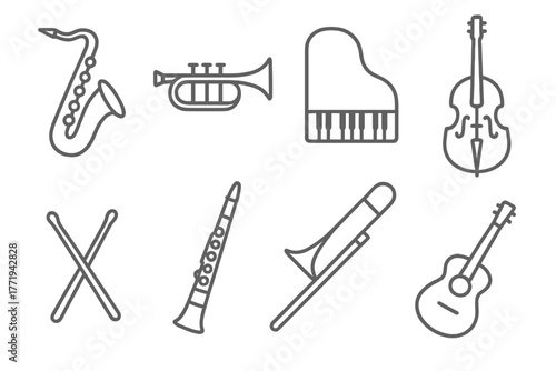 Jazz Instrument Icons. Line style icons of Jazz Instruments: Saxophone, Trumpet, Piano, Double Bass, Drum Sticks, Clarinet,