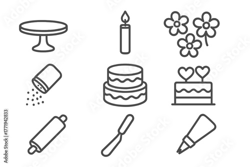 Cake Decorating Icons. Line style icons of Cake Decorating: Cake Stand, Candle, Sugar Flowers, Fondant Roller, Sprinkles, Layered