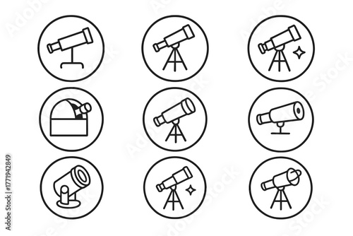 Telescope Icon Set. Line style icons of telescopes in round shape: optical telescope, refractor scope, telescope on tripod,