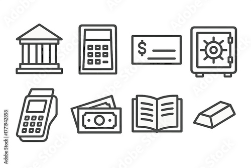Banking Icons Collection. Line style icons of Banking: Bank Building, ATM, Check, Safe Vault, Card Reader, Cash, Ledger, Gold Bar,