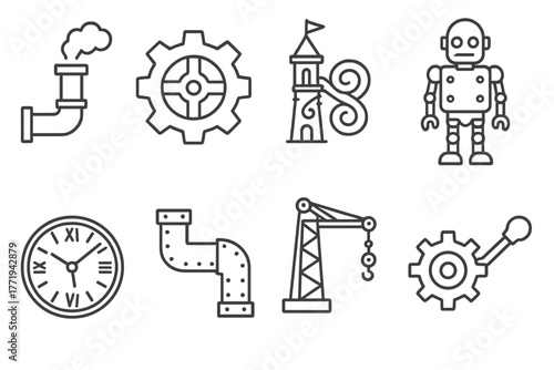 Steampunk City Icons. Line style icons of Steampunk Cityscape: Steam Pipe, Giant Gear, Mainspring Tower, Automaton, Clock Dial,