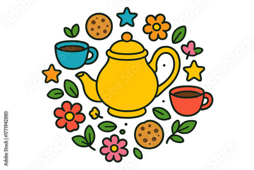 Teapot Mandala Design. Teapot in the center with cups, cookies, flowers, and stars forming a comforting circular mandala, bright