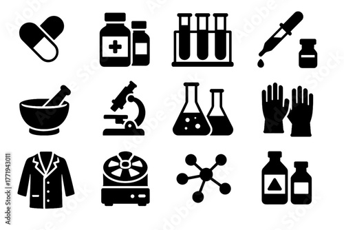 Lab icons capsules medicine pipette centrifuge vector structure bottles pharmaceutical icon molecular