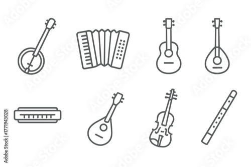 Folk Music Instruments. Line style icons of Folk Music: Banjo, Accordion, Campfire, Acoustic Guitar, Harmonica, Mandolin, Violin,