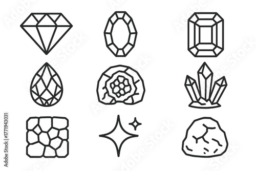 Gemstone Icon Set. Line style icons of Gemstone Grotto: Ruby, Sapphire, Emerald, Amethyst, Geode, Crystal Shard, Rock Wall,