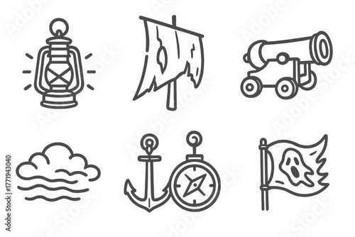 Phantom Galleon Icons. Line style icons of Phantom Galleon: Glowing Lantern, Tattered Sail, Cannon, Anchor, Fog, Crow’s Nest,