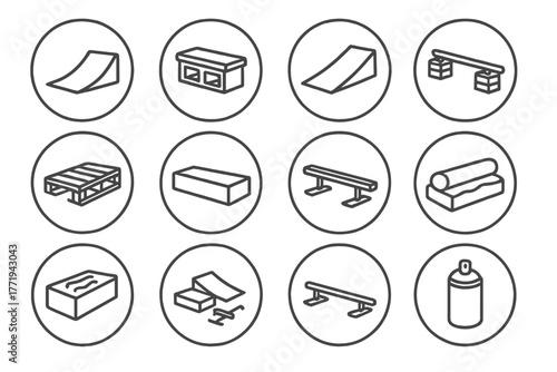 DIY Skate Obstacles Icons. Line style round vector icons of DIY Skate Obstacles: Home Ramp, Cinder Block Ledge, Plywood Kicker,
