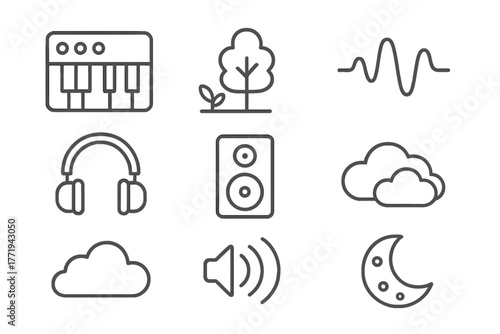 Ambient Music Icons. Line style icons of Ambient Music: Synthesizer, Nature Sound, Waveform, Headphones, Speaker, Clouds, Echo
