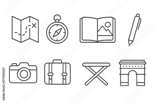 Travel Essentials Icons. Line style icons of Travel Drawing: Map, Compass, Sketchbook, Pen, Camera, Suitcase, Folding Stool,