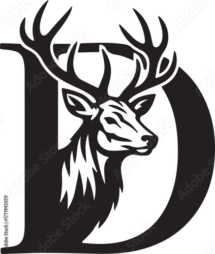 Majestic stag head silhouette merging with large capital letter d for elegant branding and nature themes
