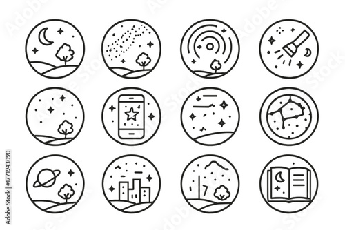 Night Sky Observation Icons. Line style round vector icons of Night Sky Observation: Dark Sky Location, Milky Way, Star Trail, Red