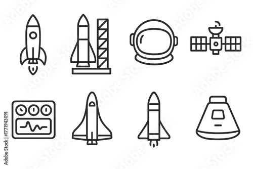 Space Flight Icons. Line style icons of Space Flight: Rocket, Launch Pad, Astronaut Helmet, Satellite, Control Panel, Space