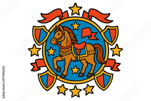 Colorful Warhorse Mandala. Warhorse in the center with saddles, banners, stars, and shields forming a battle mandala design,