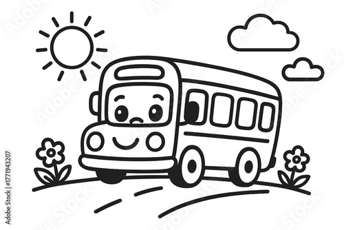 Playful School Bus. A cute school bus in a playful scene with friendly details, black and white line art, children’s coloring book