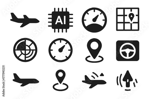 Button aircraft autopilot vector dial icon destination collision ai speedometer radar sensor