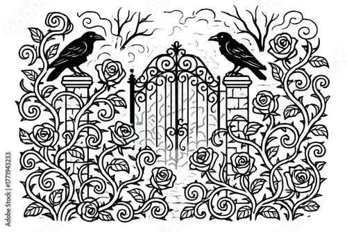 Gothic Garden Mystique. Gothic garden with twisted roses, wrought iron gates, crows on statues, and mist swirling, black and white
