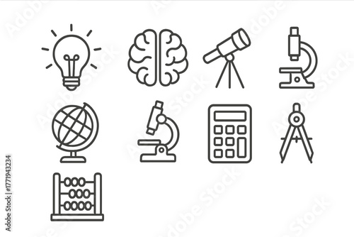Icons of Knowledge. Line style icons of Knowledge: Light Bulb, Brain, Telescope, Globe, Microscope, Calculator, Abacus, Compass,