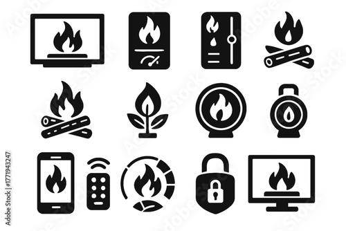 Flame icon fireplace display digital temperature vector icons smart thermostat intensity fire