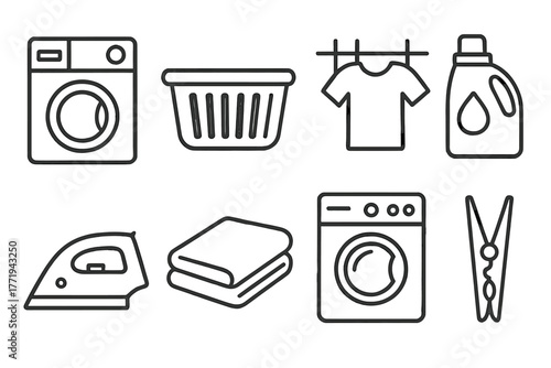 Laundry Icon Set. Line style icons of Laundry: Washing Machine, Laundry Basket, Clothesline, Detergent Bottle, Iron, Folding Board