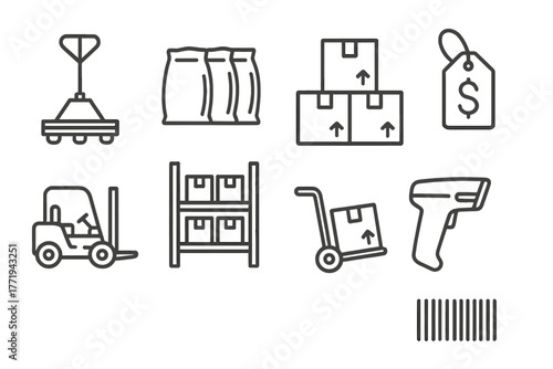 Wholesale Market Icons. Line style icons of Wholesale Market: Pallet Jack, Bulk Packages, Stacked Boxes, Price Label, Forklift,