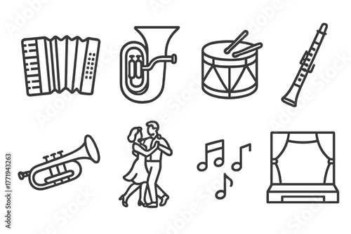 Polka Instrument Icons. Line style icons of Polka: Accordion, Tuba, Drum, Clarinet, Trumpet, Dancing Couple, Music Notes, Stage,