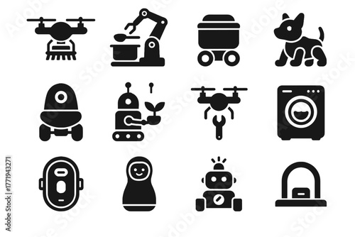 Surveillance cooking modern bot robots vector home delivery icon drone gardening assistant