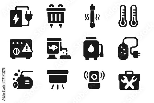 Lighting maintenance water system pump vector backup alert icons emergency aquarium icon