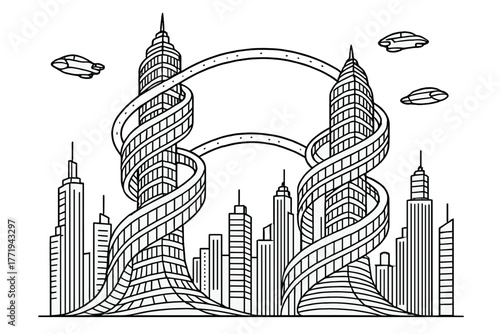 Spiraling Skyscraper Fantasy. Surreal skyscrapers bending like spirals with bridges of light connecting them, and flying vehicles,