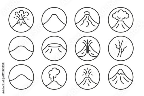 Volcano Icons Collection. Line style icons of volcanoes in round shape: erupting volcano, cone shape, lava flow, ash cloud;