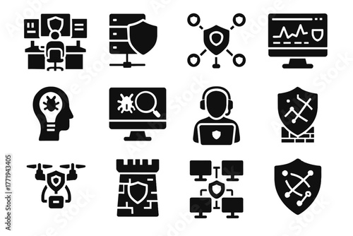 Analyst icons map vector defense network cyber strategy icon incident command tower
