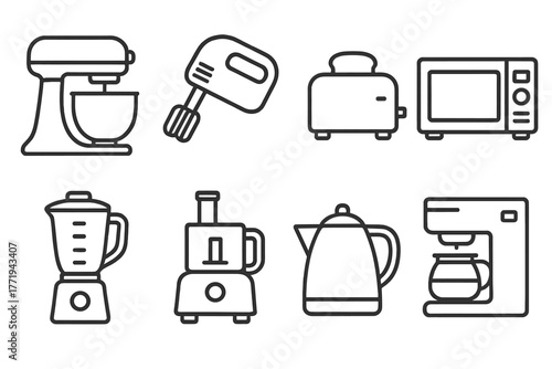 Kitchen Appliance Icons. Line style icons of Kitchen appliances: stand mixer, hand mixer, toaster, microwave, blender, food