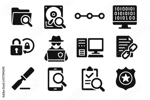 Badge workstation cybercrime timeline recovery digital icons analysis tool icon forensics vector