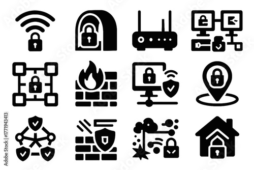 Traffic firewall access segmentation icons network ddos prevention intrusion monitoring vector icon