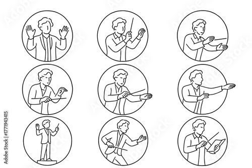 Conductor Icon Poses. Line style icons of conductor poses in round shape: raised hands, baton mid-air, cueing section, full