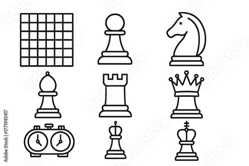 Chess Icon Set. Line style icons of Chess: Chessboard, Pawn, Knight, Bishop, Rook, Queen, King, Clock, No text, No labels,