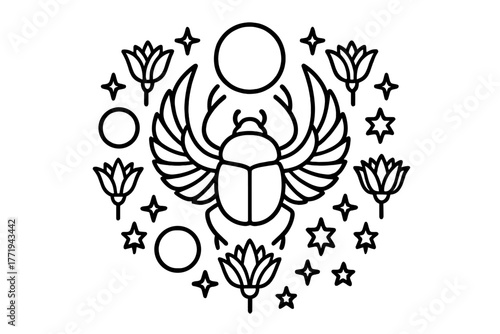 Egyptian Beetle Symmetry. Scarab beetle in the middle with Egyptian-style wings, suns, lotuses, and stars arranged in decorative