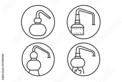 Copper Stills Icons. Line style icons of copper stills in round shape: pot still, column still, alembic still, swan neck still;