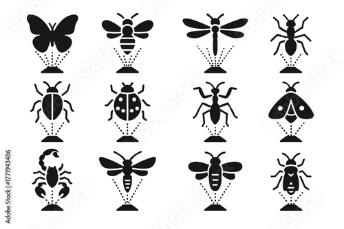 Moth icons insect ladybug holographic firefly ant grasshopper beetle bee icon vector