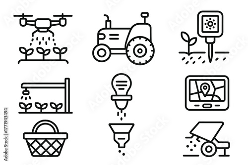 Agricultural Robotics Icons. Line style icons of Agricultural Robotics: Drone Sprayer, Tractor Robot, Plant Sensor, Watering Arm,