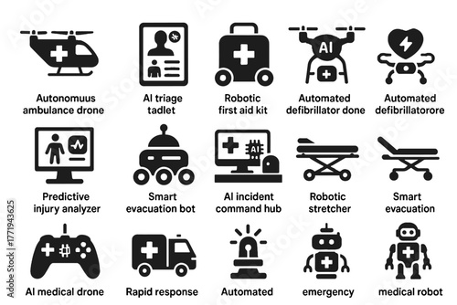Command stretcher emer ai icon medical drone beacon robotic vector bot defibrillator