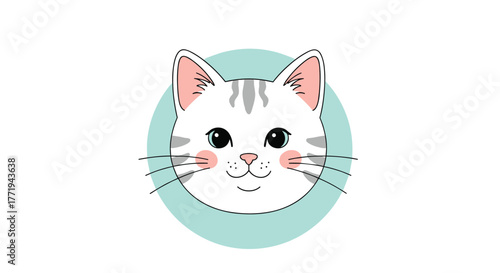 Cute illustration of a white cat's face with gray stripes and pink cheeks against a teal circle background.