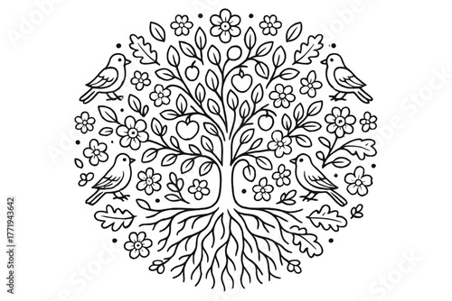 Nature Mandala Design. Tree in the center with roots, fruits, flowers, and birds radiating outward in a life-inspired mandala