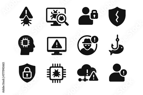 Vector breach security detection alert icons network phishing warning analysis icon anomaly