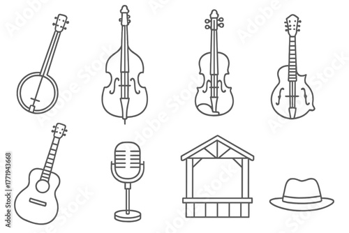 Bluegrass Icons. Line style icons of Bluegrass Music: Banjo, Upright Bass, Fiddle, Mandolin, Guitar, Microphone, Stage, Hat, No