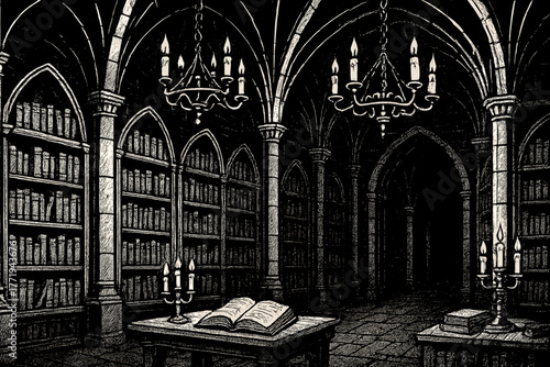 Gothic Castle Library. Dark gothic library inside a castle with high arches, candle chandeliers, and shelves full of dusty books,