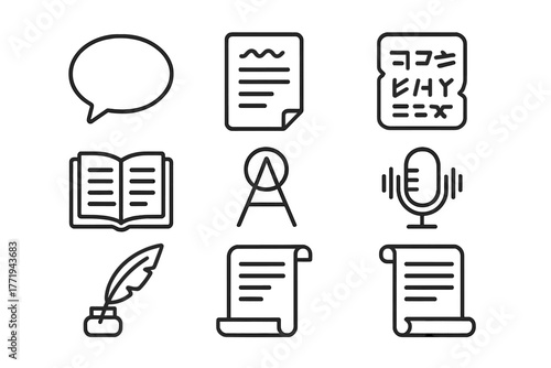 Linguistic Anthropology Icons. Line style icons of Linguistic Anthropology: Speech Bubble, Script, Tablet, Book, Symbol, Voice