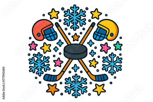 Hockey Mandala Art. Hockey puck in the center with sticks, helmets, ice crystals, and stars arranged in circular mandala form,