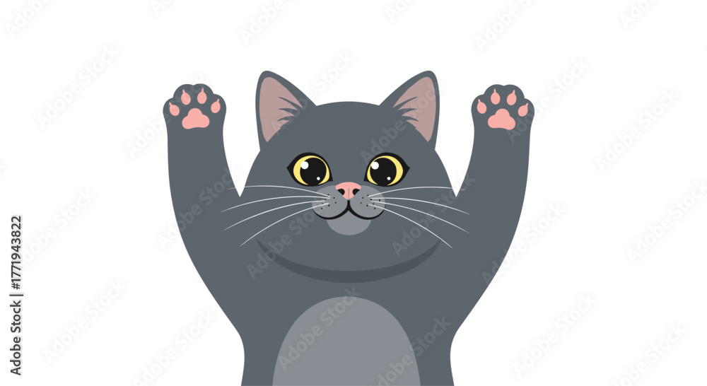 Obraz premium A cartoon gray cat with its paws raised in a cheerful greeting against a white background.