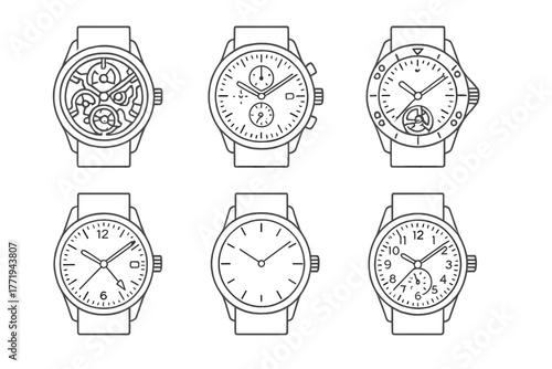 Line Style Luxury Watches. Line style icons of Luxury watches: skeleton watch, chronograph, diver’s watch, dress watch, pilot