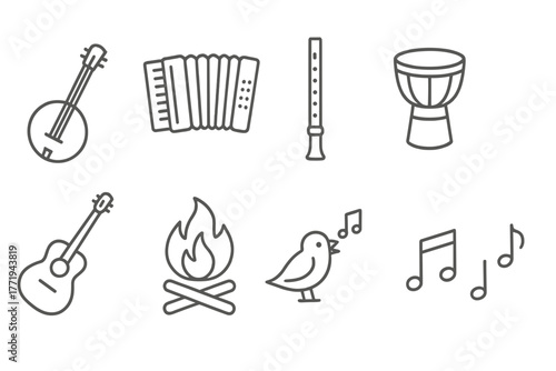 Folk Music Icons. Line style icons of Folk Music: Banjo, Accordion, Flute, Hand Drum, Acoustic Guitar, Campfire, Singing Bird,